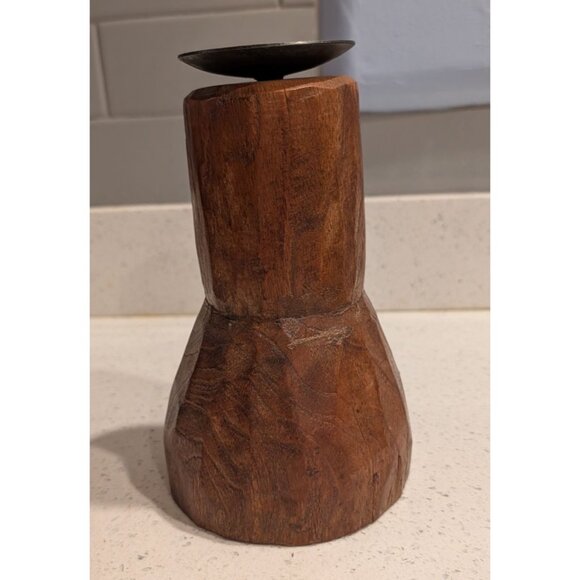 Hand-Carved Wooden Candle Holder with Metal Accent Rustic - Picture 9 of 16